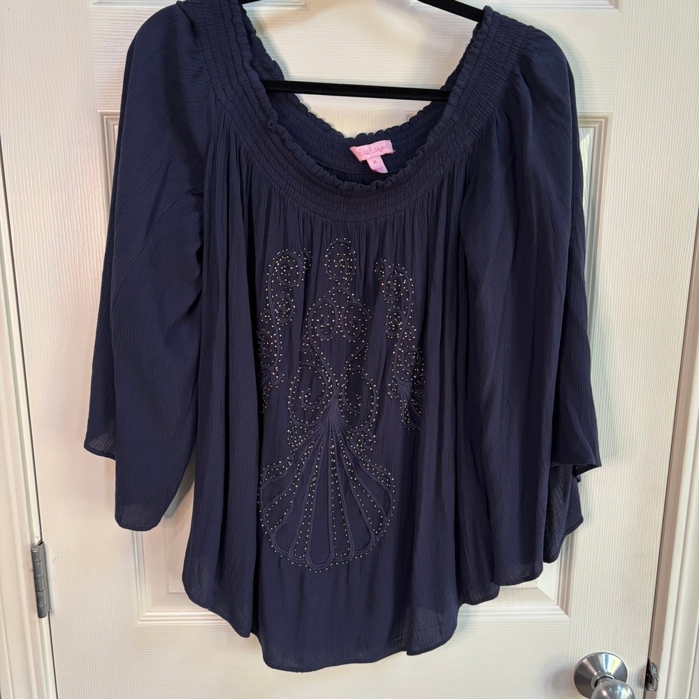 Lilly Pulitzer Navy Embroidered Beaded Off Shoulder Bell Sleeve BoHo‎ Peasant XL